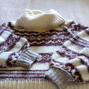 Cream and Brown Cowl Neck Sweater with Classic Pattern